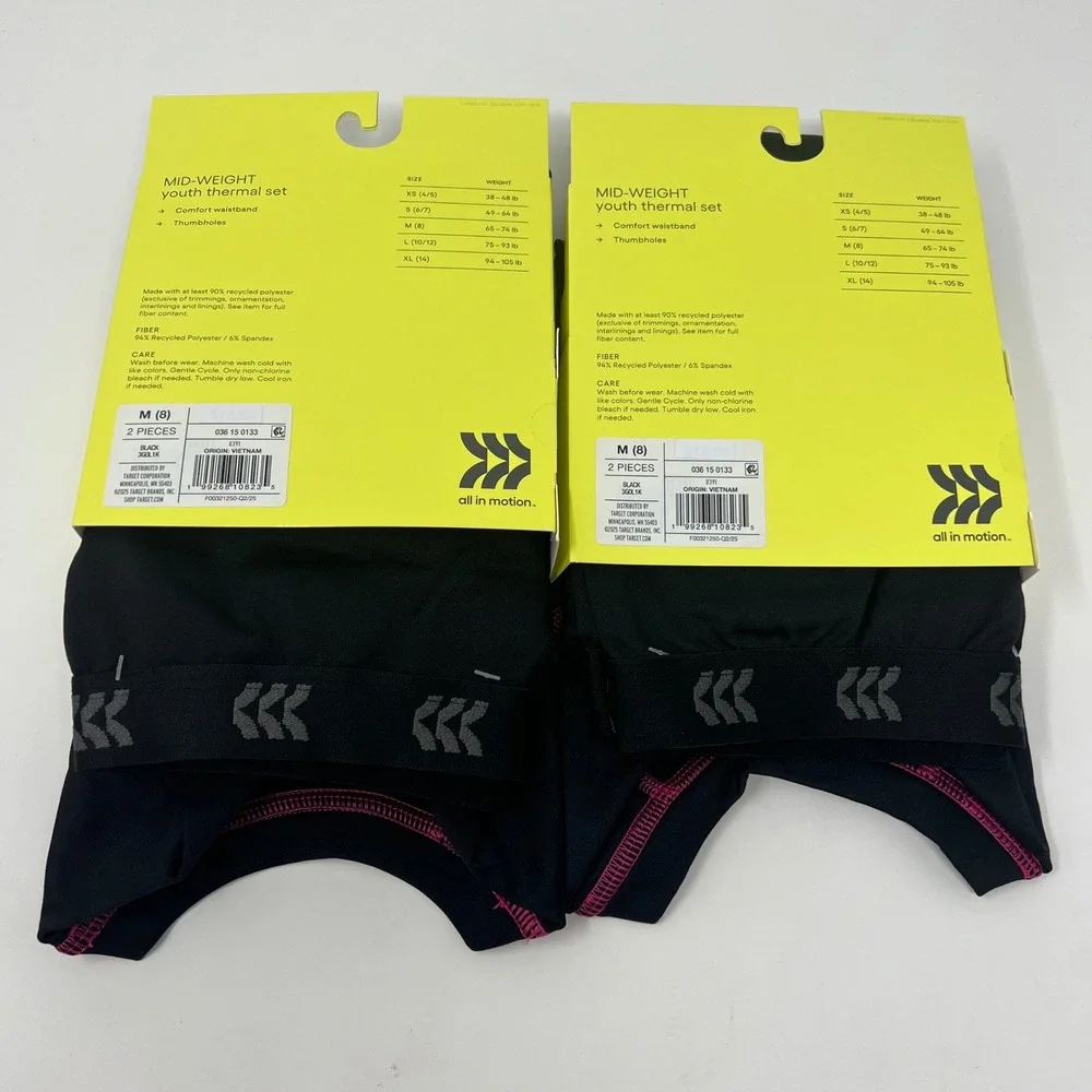 All In Motion Mid-Weight Thermal Set Youth M 8 Black Thumbholes 2pc Base Layer